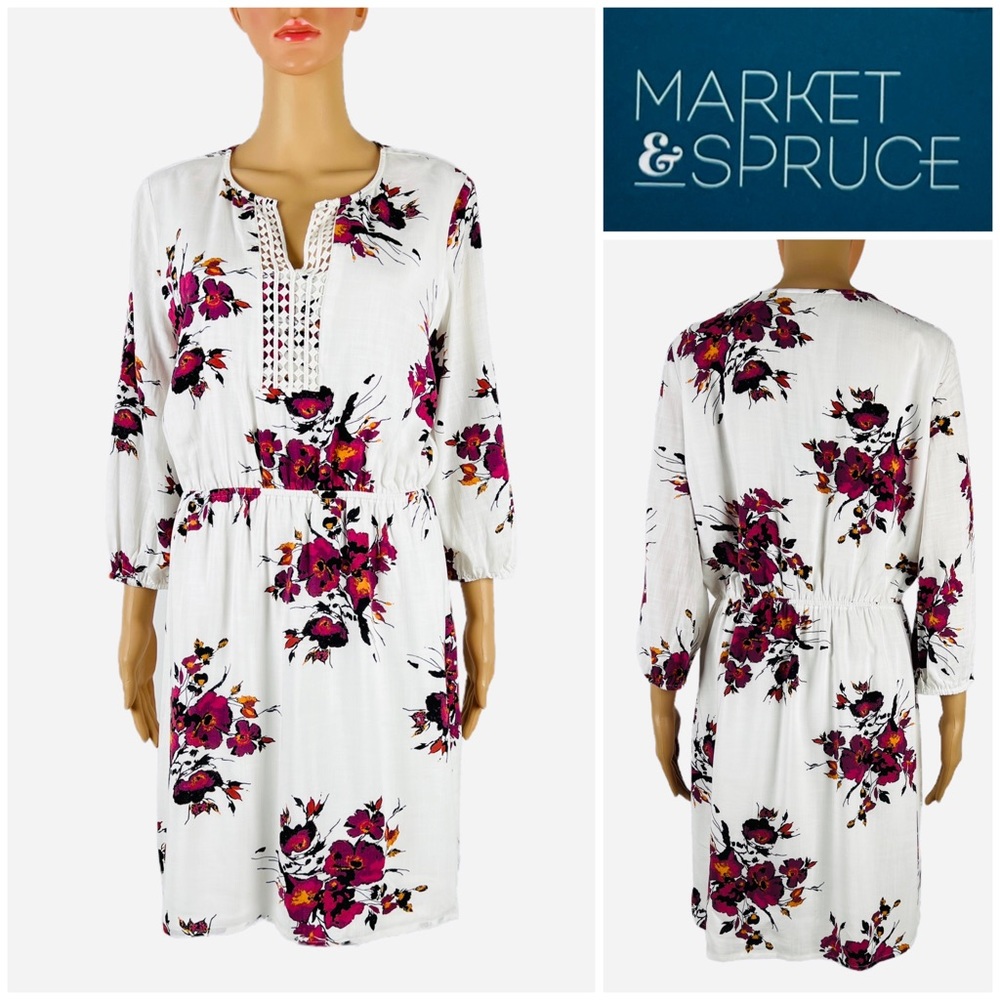 Market & Spruce Womens Medium Dress Floral White 3/4 Sleeve Crochet Rayon NWT